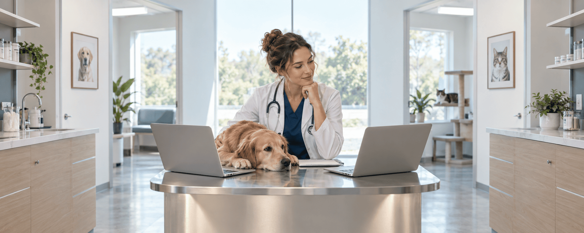 Veterinary team comparing practice management software