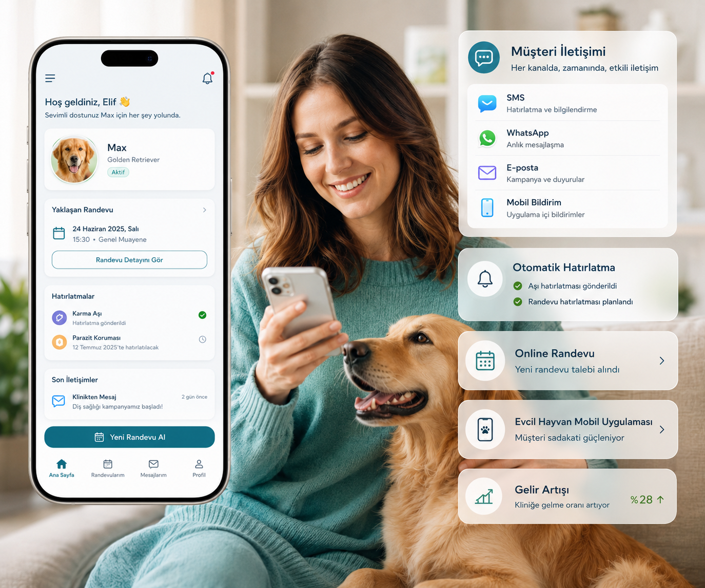 Veterian iletişim merkezi ve WhatsApp mesajlaşma ekranı