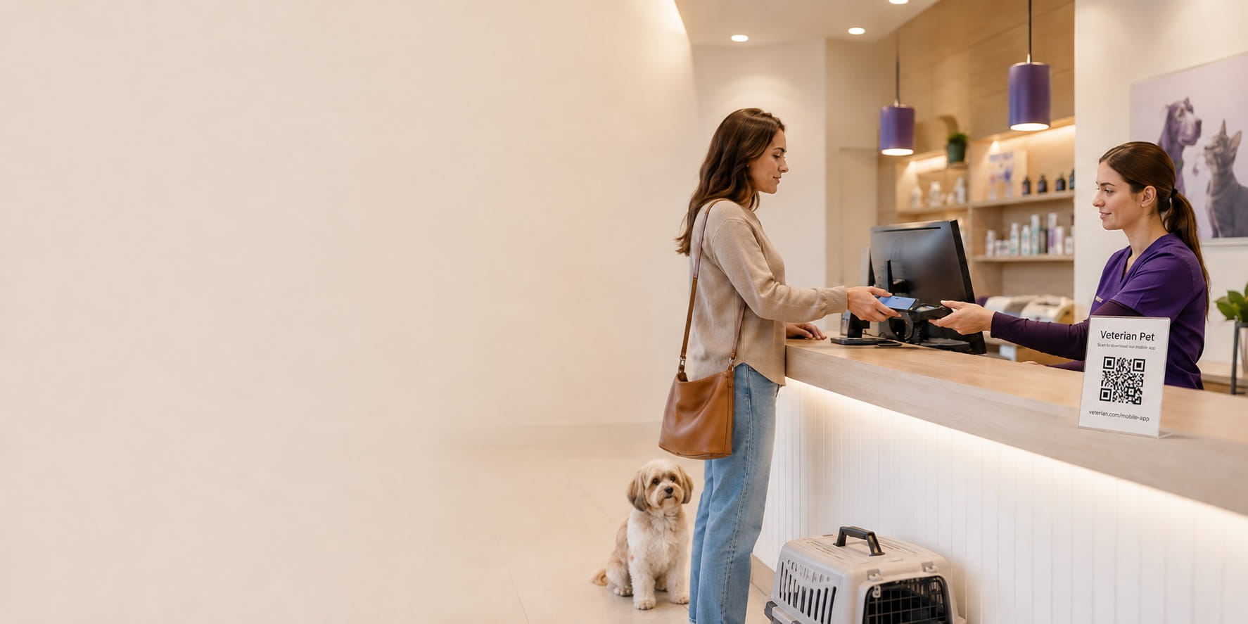 Taking payment with a POS at a veterinary clinic reception