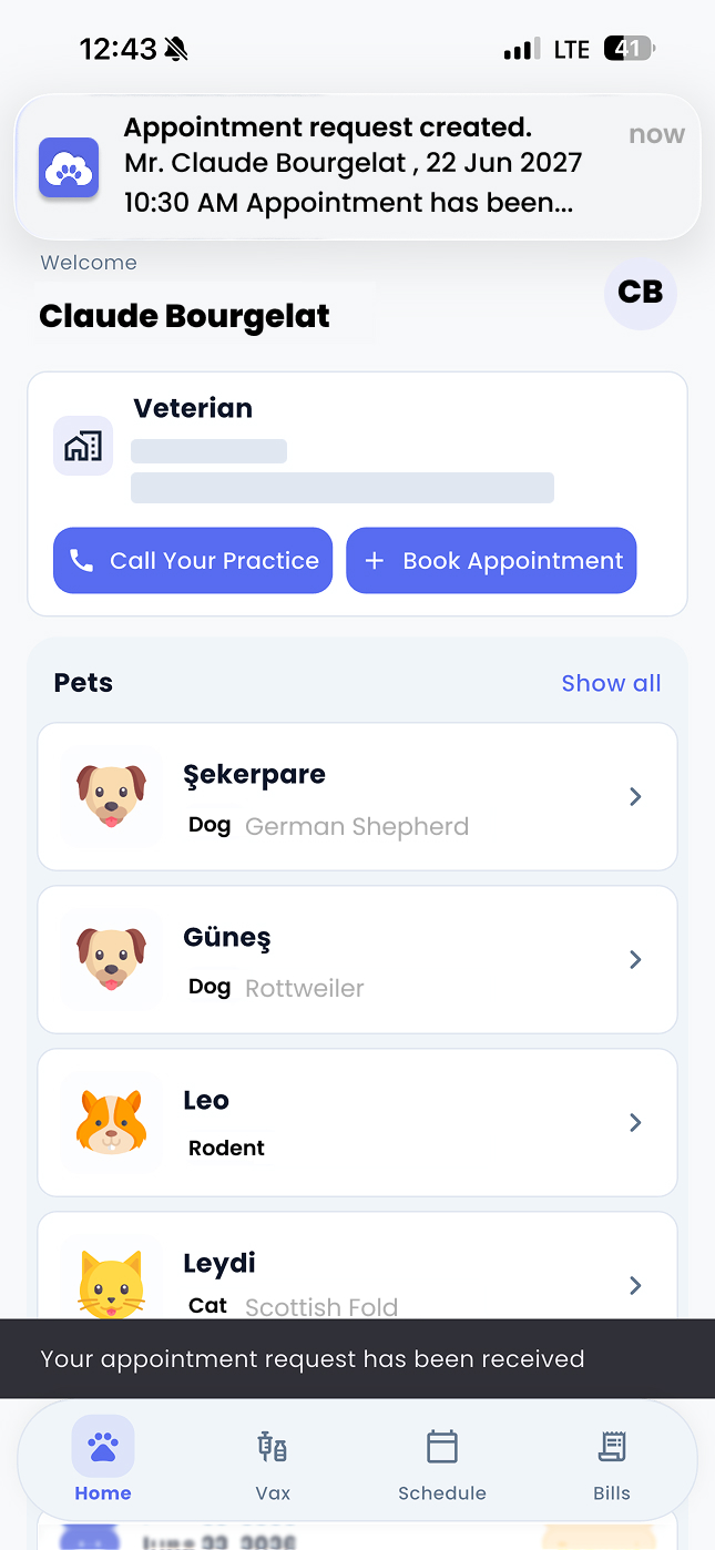 Veterian pet owner mobile app