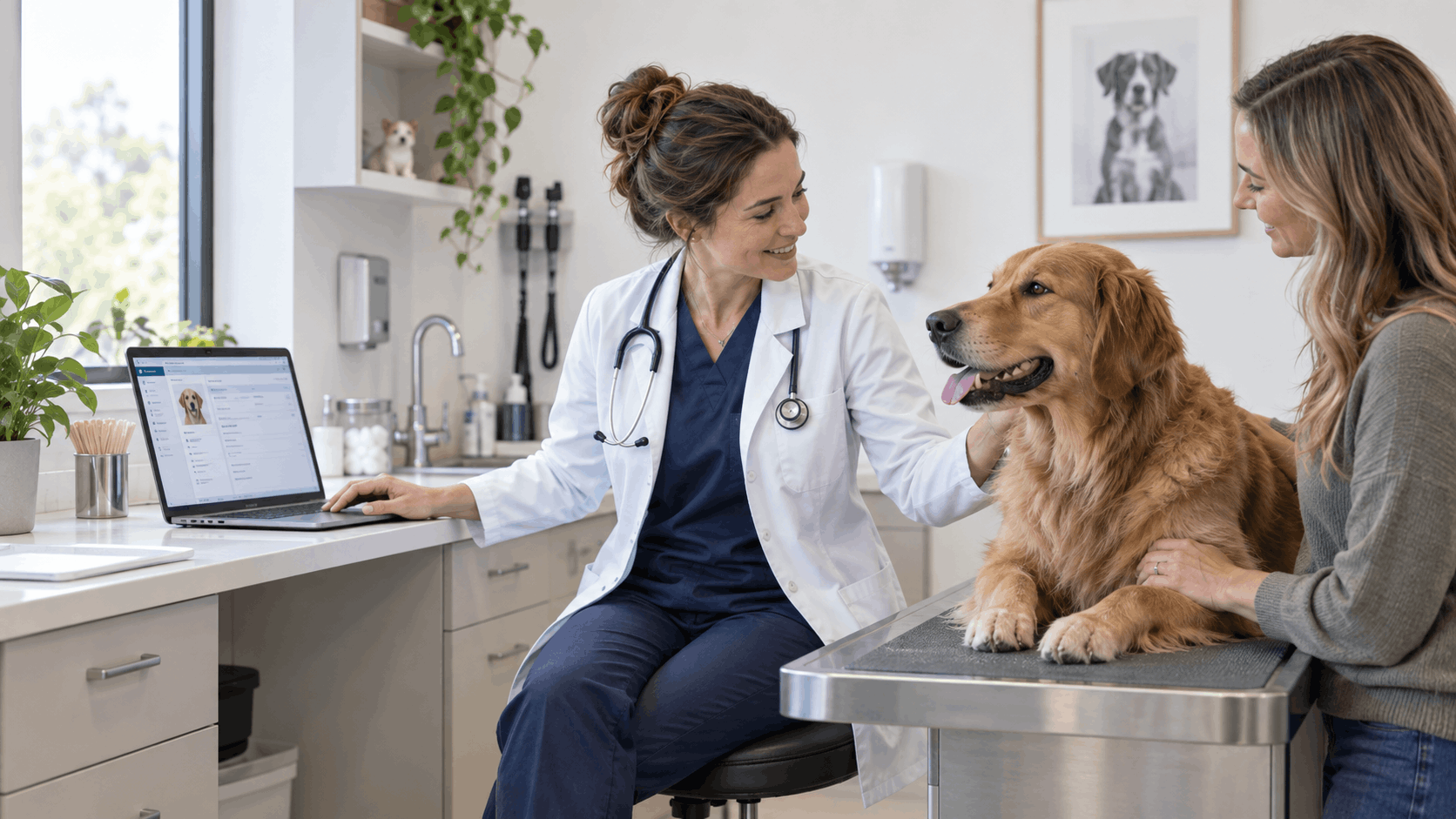 Veterinarian working on the patient record while the owner holds the dog