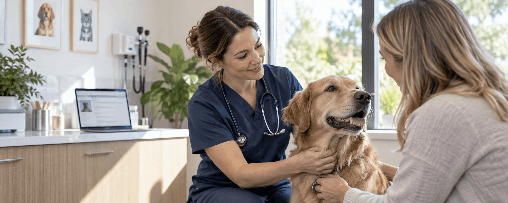 Veterinarian and pet owner with a golden retriever during a consultation