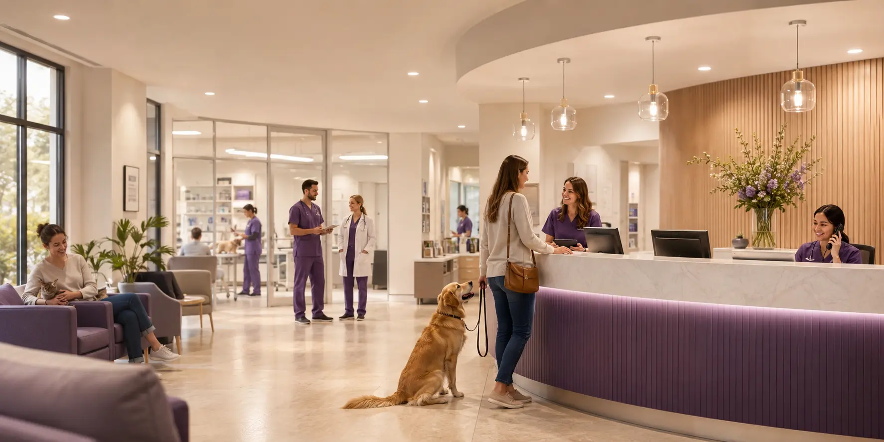 Large veterinary team working across different units of an animal hospital